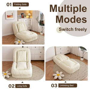 English Elm Upholstered Foldable Lazy Sofa Bed with 5 Recline Positions, Corduroy Tatami Chair with Pillows—Comfortable Space-Saving Lounge for Living Room and Bedroom Off White W2699P324227