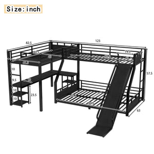 English Elm L-shaped Metal Triple Bunk Bed with Slide Desk Shelves and Usb Charging Black W1580S00569