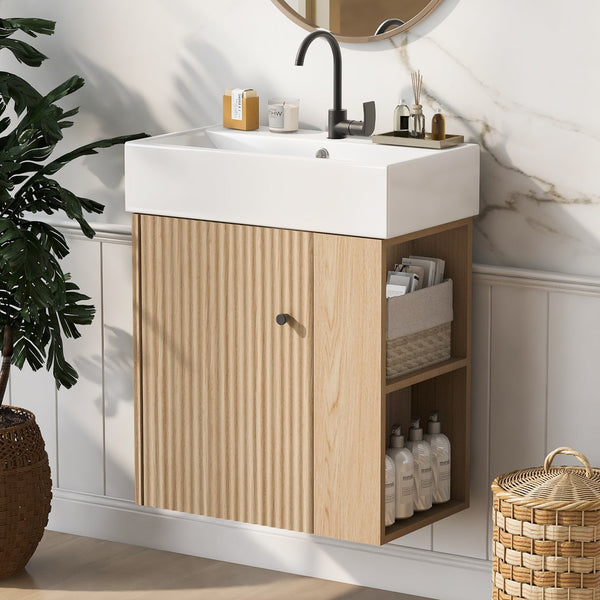English Elm 21.6 inch Modern Floating Bathroom Vanity with Ceramic Basin, Wave Door, Rose Gold Handle Wood N729P170388D