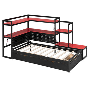 English Elm Twin Gaming Daybed with Led Strips Desk Pegboard Bookcase and Three Storage Drawers Black+Red N820S00083J