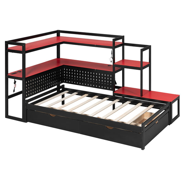 English Elm Twin Gaming Daybed with Led Strips Desk Pegboard Bookcase and Three Storage Drawers Black+Red N820S00083J