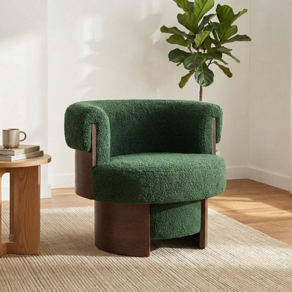 English Elm Modern Sculptural Barrel Swivel Chair Bentwood Frame Polyester Upholstery Accent Seating Green N760P369230C