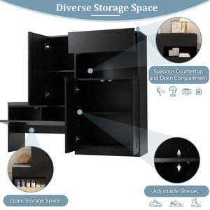 English Elm On-Trend Modern 2-In-1 Shoe Cabinet With Cushion, Adjustable Shelves & Elegant Arched Doors For Entryway N721P245716B-GIGA