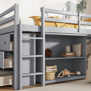 English Elm Twin Loft Bed With Storage Cabinets, Pull-Out Desk & Safety Guardrail - Sturdy Grey Rubberwood Design W504S00201-GIGA