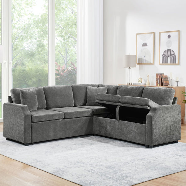 English Elm Sectional Sofa Bed - Versatile L-Shaped Chenille Sofa With Sleeper, Hidden Storage & Pillows, Gray N719S002070E-GIGA