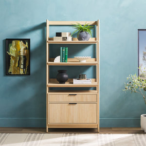 English Elm Walker Edison - Transitional Wide Reeded Bookshelf with Drawers on Bottom for Home Office, Spacious Shelving & Storage Oak 75.25 L x 20.63 W x 7 H B185P200194