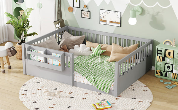 English Elm Twin Low Profile Kids Floor Bed Pine Wood Frame with Safety Rail and Built in Bookshelf Gray W1580P373140