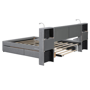 English Elm Queen Linen Upholstered Platform Bed with Storage Drawers, Trundle, Flip-Up Headboard & Lights Gray SF000187AAE