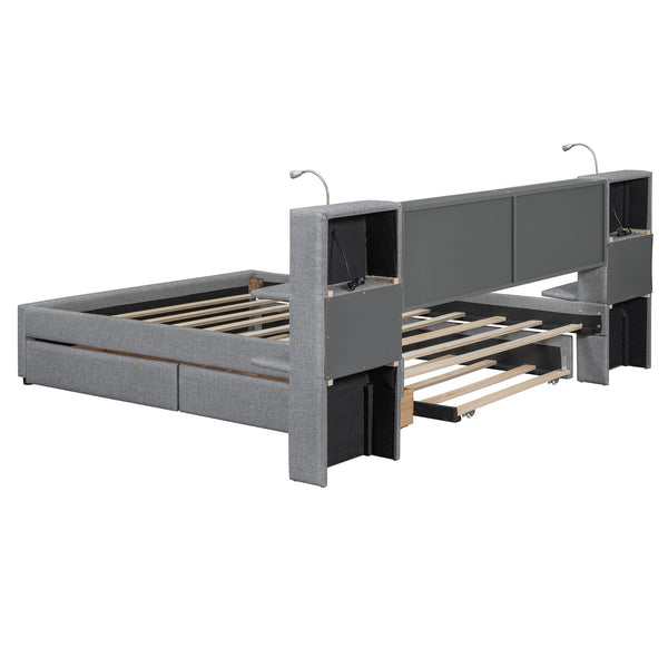 English Elm Queen Linen Upholstered Platform Bed with Storage Drawers, Trundle, Flip-Up Headboard & Lights Gray SF000187AAE