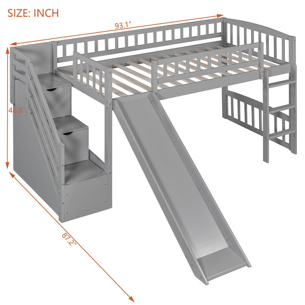 English Elm Stairway Twin Loft Bed with Storage Staircase Slide and Guardrails for Kids Gray LT000515AAE-2