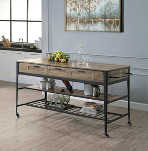 English Elm Macaria Rustic Oak Kitchen Island with Black Metal Base, 3 Drawers, 2-Tier Shelves & Wheels B2726P292333