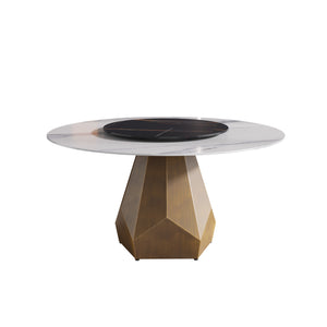 English Elm 59.05" Round Marble Dining Table With Metal Base, Seats 6-8, Stylish Black & White Finish, Turntable W1535S00373