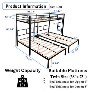 English Elm Triple Bunk Bed - Versatile L-Shaped Design, Sturdy Metal Frame, Noise-Free Slats & Built-In Side Table W427S00072-GIGA