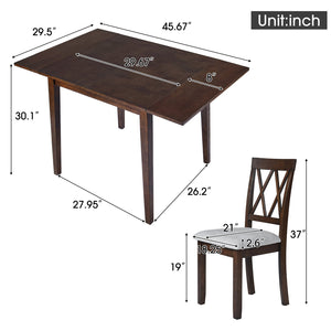 English Elm Foldable Extendable Dining Table Set with Drop Leaves and 4 Upholstered Chairs for Small Spaces Brown N752S010617D