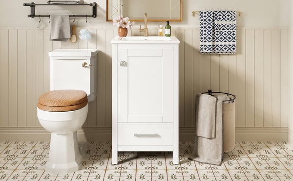 English Elm 18-Inch Modern Bathroom Vanity with Ceramic Sink, Soft-Close Doors, Divider Drawer & Adjusting Feet White N729P334854K