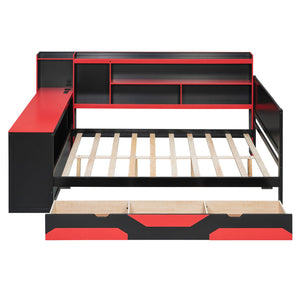 English Elm Full Size Gaming Bed Frame with Desk Led Lights Storage Drawers and Charging Station Black+Red LP000289AAJ