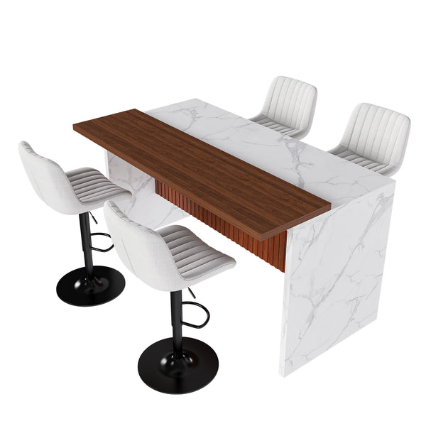 English Elm 63" Modern Kitchen Island Set With 4 Beige Bar Stools, Led Lighting & Walnut Accents For Style W2699S00076