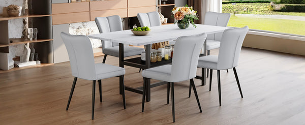 English Elm Table And Chair Set - Modern 71" White Grain Dining Table With Storage & 6 Ergonomic Light Gray Chairs W1151S04266-GIGA