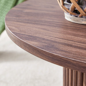 English Elm A modern circular coffee table Walnut 27.5" MDF top with cylindrical Roman legs, hidden storage, vintage flair W1151P270614