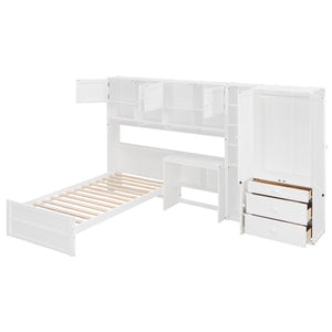 English Elm Wooden Twin Loft Bed with Built-in Desk Wardrobe Storage Drawers and Led Lighting N820S00069K