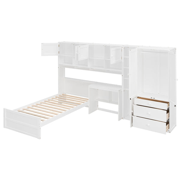 English Elm Wooden Twin Loft Bed with Built-in Desk Wardrobe Storage Drawers and Led Lighting N820S00069K