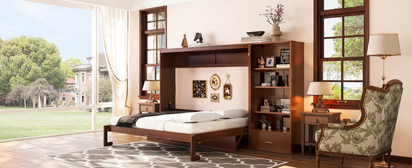 English Elm Queen Murphy Wall Bed with Folding Platform Side Cabinet Drawer and Adjustable Shelves Walnut N733S407545D