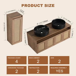 English Elm 48" Floating Bathroom Vanity Oak Finish Dual Ceramic Sinks Four Soft Close Doors W999S00499