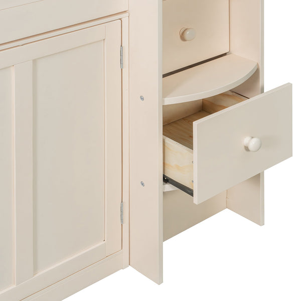 English Elm Twin House Loft Bed with Pull Out Rolling Desk Stair Drawers and Cabinet Storage Beige N820S00072A