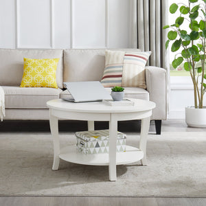 English Elm Traditional Round Coffee Table with Open Shelf, 2-Tier Solid Wood Accent Table for Small Spaces White W1693P216918
