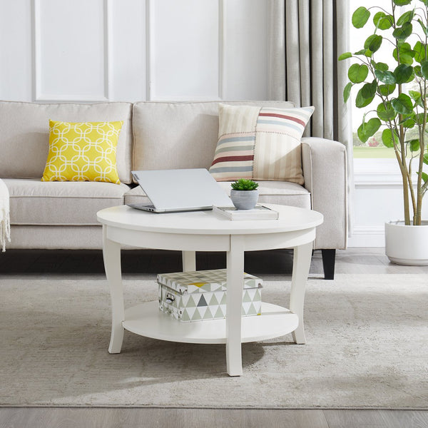 English Elm Traditional Round Coffee Table with Open Shelf, 2-Tier Solid Wood Accent Table for Small Spaces White W1693P216918