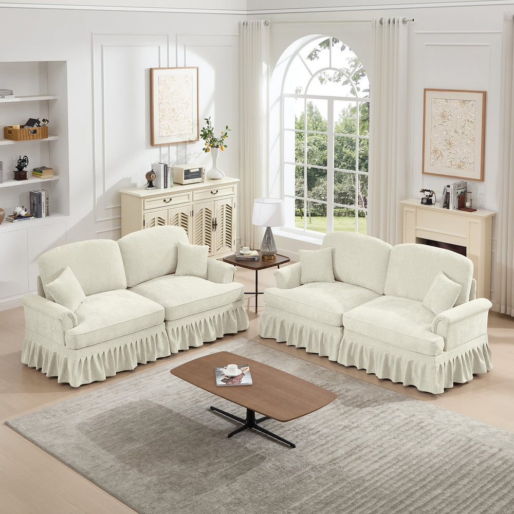English Elm Classic 2-Piece Modular Couch Set - Flared Arms, Removable Skirts, Chenille Upholstery, Beige White W3041S00232