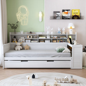 English Elm Wooden Twin Daybed with Trundle Built-in Desk and Open Shelves for Kids Rooms Antique White N733S373389K