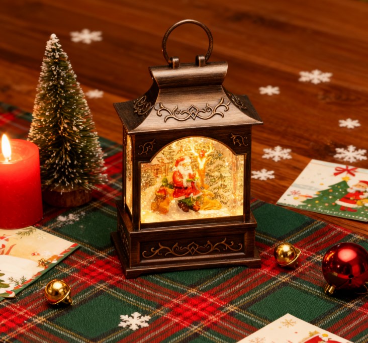 English Elm Lighted Musical Snow Globe Lantern Bronze Holiday Santa Scene Swirling Glitter T3971P415637