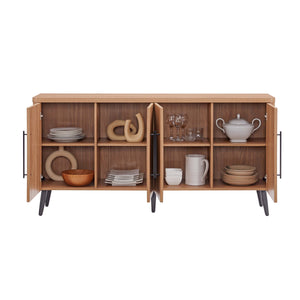 English Elm Jodie 65" Fluted Sideboard with Ribbed Doors, 8 Hidden Shelves, Soft-Close, Metal Legs, Modern Appeal Maple B365P397678