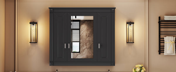 English Elm Bathroom Wall Cabinet with Mirror and 5 Shelves — Wall-Mounted Medicine Cabinet, Modern Storage Solution Black N710P252503B