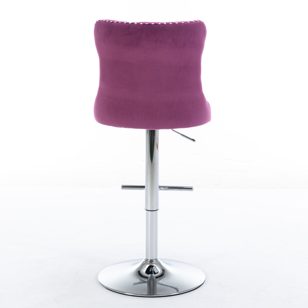 English Elm Swivel Velvet Barstools Adjustable 25–33" Height, Tufted Back, Chrome 17.7" Base, Purple Set of 2 W1143137914