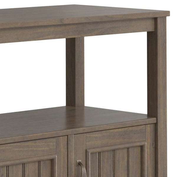 English Elm Lev Smoky Brown Console Table with 3 Doors, Open Shelf & Brushed Bronze Handles — Solid Wood Transitional Design B136P158815