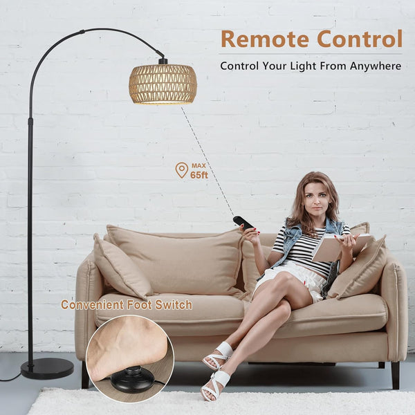 English Elm Arc Floor Lamp With Remote & Dimmable Led Bulb - Adjustable Height, Boho Rattan Shade For Cozy Living Spaces W2738P185417