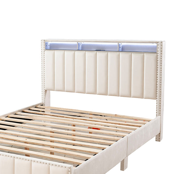 English Elm Beautiful Upholstered Full Bed with Led Lighting Storage Shelves and Channel Tufted Headboard Beige B2741S00770