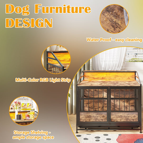 English Elm Multi-function Wooden Dog Crate with Rgb Led Storage Console for Large Breeds W840P291740