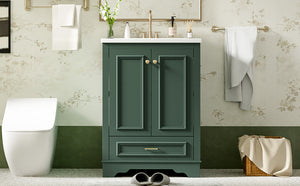 English Elm 24'' Bathroom Vanity with Ceramic Sink Combo Modern Freestanding MDF Cabinet with Soft-Close Doors and Sleek Silver Handles for Spacious Organized Bathroom Storage Green N710P194893F