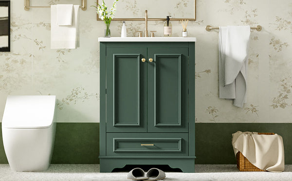 English Elm 24'' Bathroom Vanity with Ceramic Sink Combo Modern Freestanding MDF Cabinet with Soft-Close Doors and Sleek Silver Handles for Spacious Organized Bathroom Storage Green N710P194893F