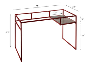 English Elm Yasin Sleek Red Writing Desk with 5mm Glass Top, Metal Sled Base & Open Shelf Storage, 70lb Max B2726P280748
