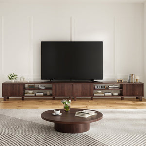 English Elm Modern Low Profile Media Console with Open Shelving and Concealed Cabinet Storage Walnut T3623P435419