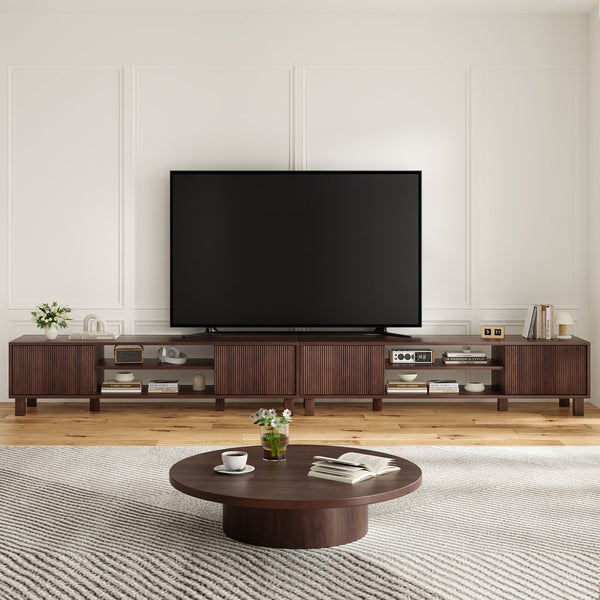 English Elm Modern Low Profile Media Console with Open Shelving and Concealed Cabinet Storage Walnut T3623P435419