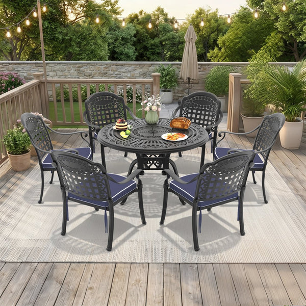 English Elm 7-piece Cast Aluminum Outdoor Dining Set Ornate Carved Patio Furniture Seats Six W1710S00566