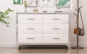 English Elm Elegant High Gloss Dresser with Metal Handles and Mirrored Panels, 6-Drawer Space-Saving Storage Solution White 55.71 L x 19.29 W x 10.63 H N733P205355K