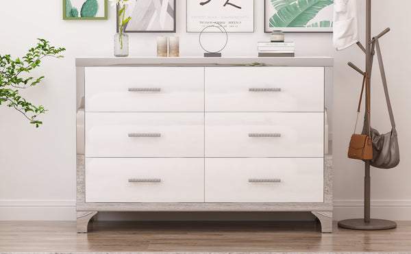 English Elm Elegant High Gloss Dresser with Metal Handles and Mirrored Panels, 6-Drawer Space-Saving Storage Solution White 55.71 L x 19.29 W x 10.63 H N733P205355K