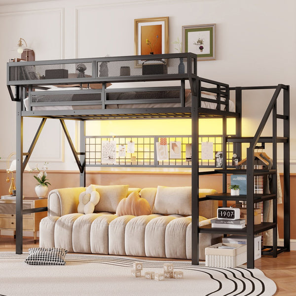 English Elm Full Size Metal Loft Bed with Wardrobe Stairs Rgb Lighting Industrial Frame W2580S00051