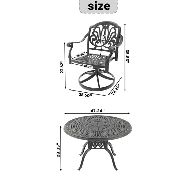 English Elm 5-Piece All-Weather Cast Aluminum Dining Set With 4 Swivel Chairs & Round Table For Outdoor Fun P2 W1710S00270-GIGA